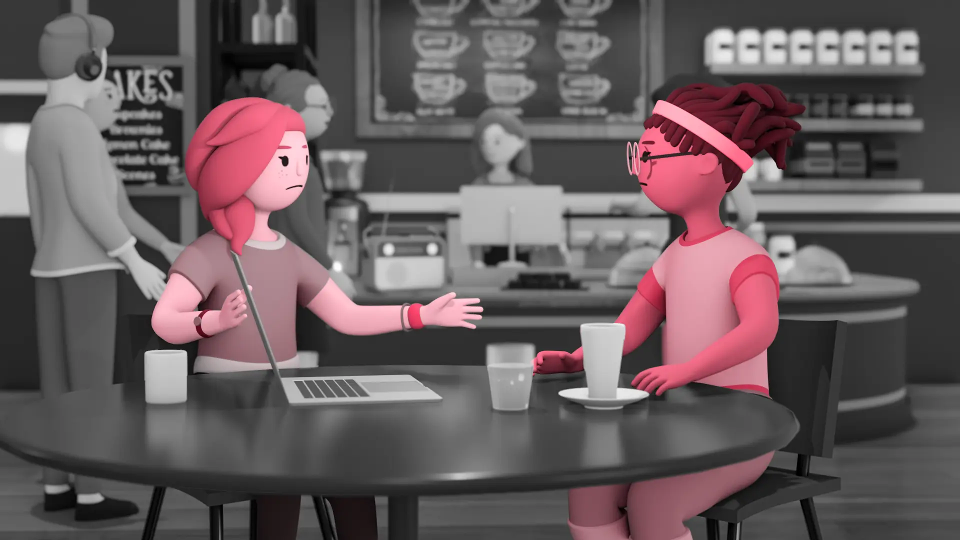 Two pink cartoon characters sit at a cafe table; one points toward a laptop as the other holds a cup, engaging in conversation.