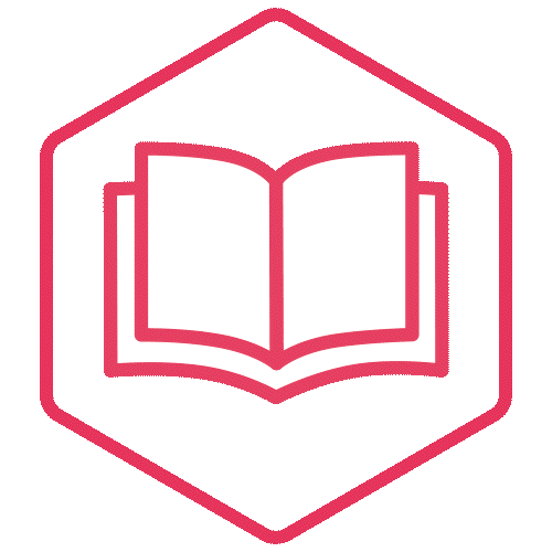 Open book icon inside a pink hexagon, symbolizing education or reading priority on a brand element.