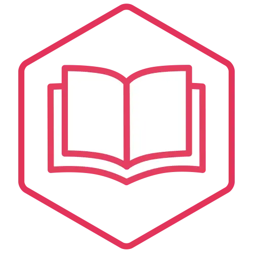 Open book icon inside a pink hexagon badge, symbolizing reading or education.
