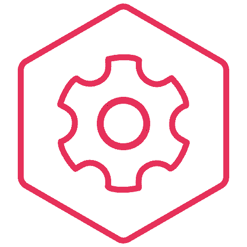 Settings icon: red gear inside a hexagon outline, indicating configuration or preferences