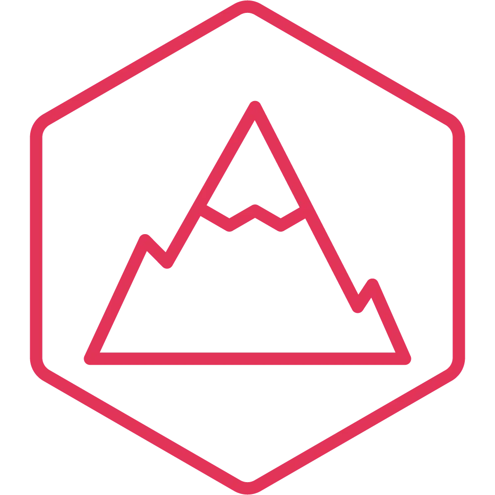 Red mountain icon inside a hexagonal border, like a badge style logo.