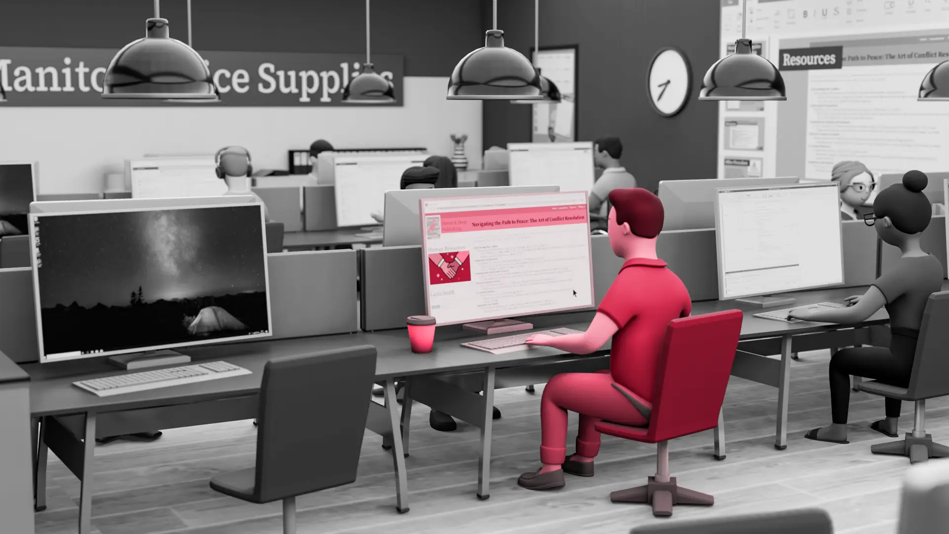 Open-plan office with multiple cubicles; foreground shows a person in red at a computer, pink coffee cup nearby, others working at desks in grayscale; signage in back reads Resources.