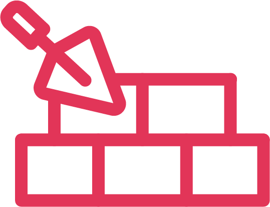 Red outline of a masonry trowel placing a brick on a short, partially built wall