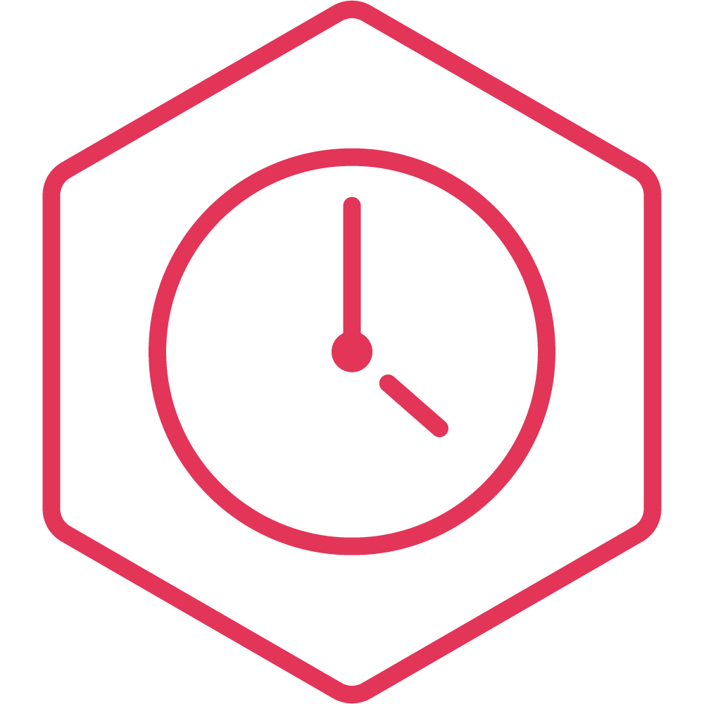 Clock icon inside a hexagonal badge, indicating time or schedule