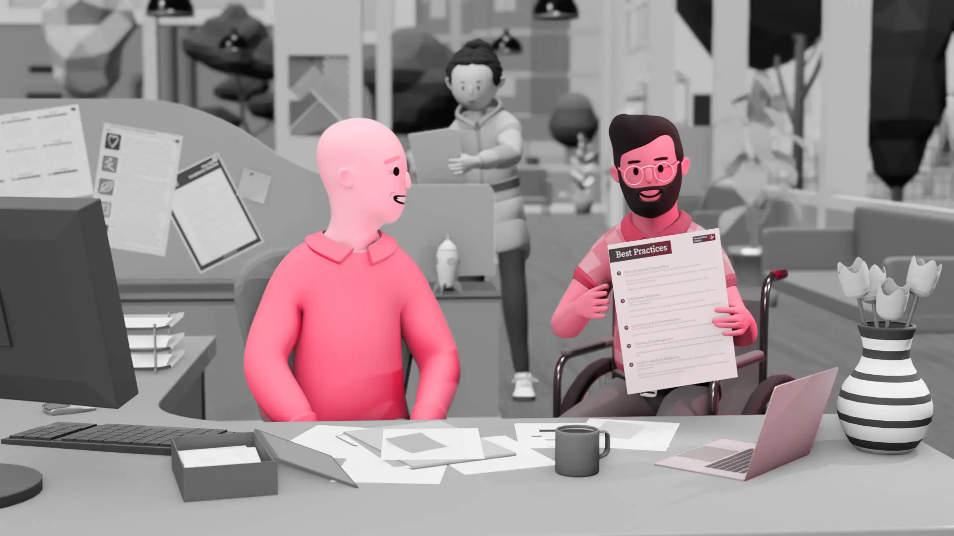 Two pink-skinned colleagues discuss a document labeled 'Best Practices' at a cluttered office desk in a modern workspace.
