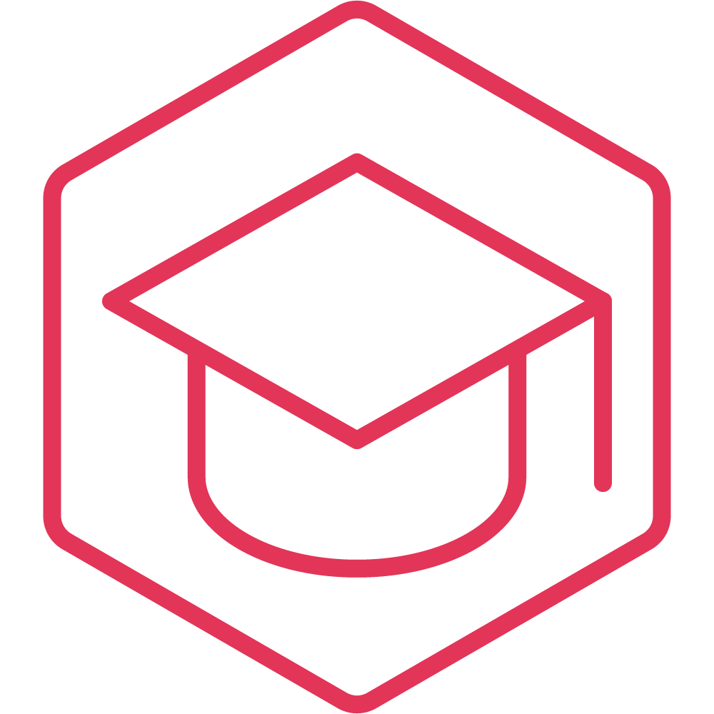 Icon of a graduation cap inside a hexagonal border, representing education