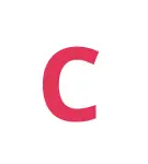 Red curved letter C on a white background, resembling a logo or glyph.