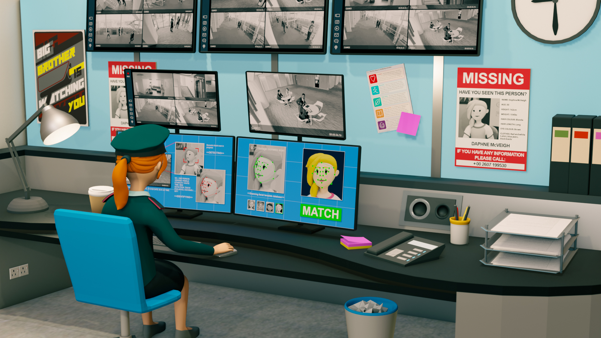 Security operator seated at a desk monitoring multiple CCTV screens in a control room, with a missing person poster on the wall above.