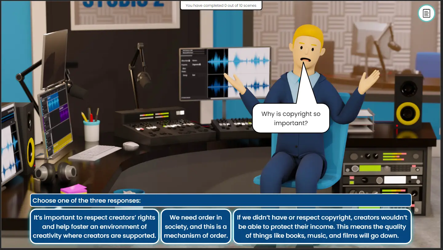 Cartoon man in a recording studio sits in a blue chair, gesturing with a speech bubble asking why copyright is important, with three copyright-related answers shown below.
