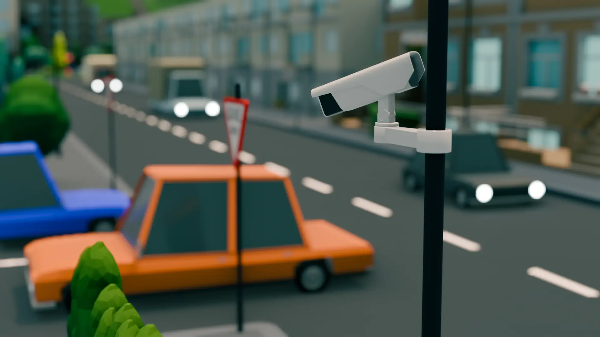 Security camera mounted on a pole overlooking a busy street; monitoring traffic and activity.