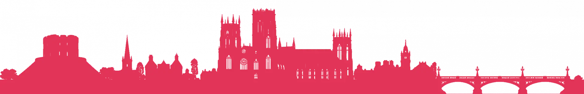 Red silhouette of a historic cityscape with cathedral spires, a large church, and a multi-arch bridge along the right side, set against a transparent background